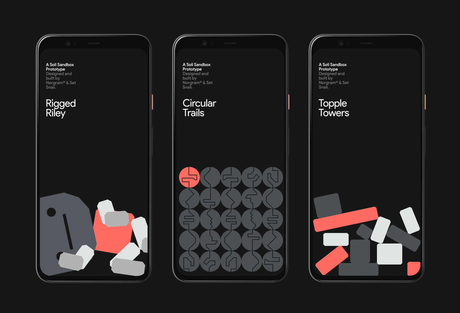 Soli Sandbox features a series of simple toys and games to inspire people to create their own prototypes. Those pictured here were made by (link: https://www.norgram.co/work/google-soli text: Norgram) & SetSnail.