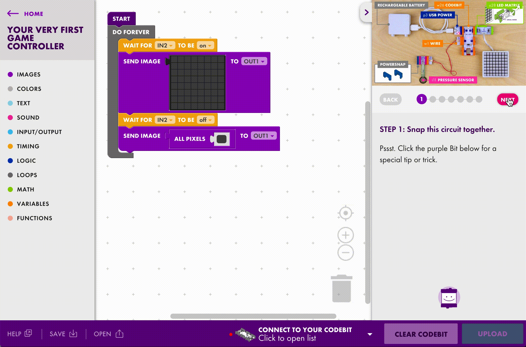 A simple dashboard guides students through the inventing process.